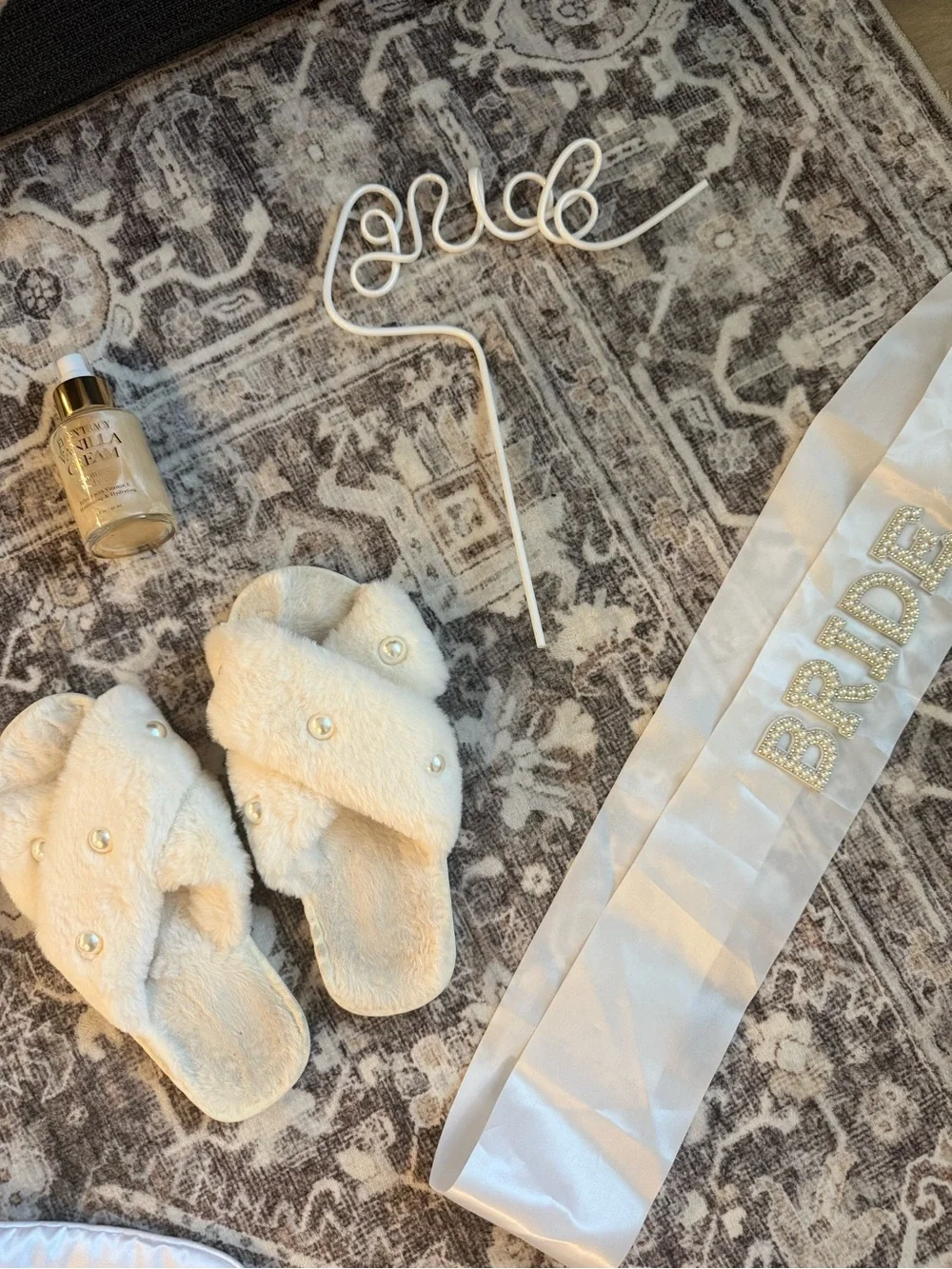 Plush Cream Bridal Slippers and Sash Set